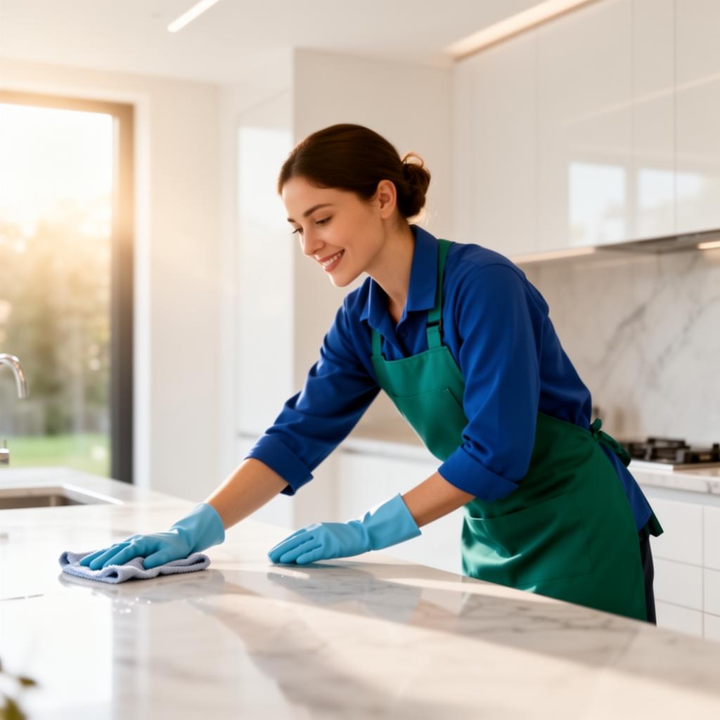 KD Cleaning Technologies professional wiping a modern kitchen counter